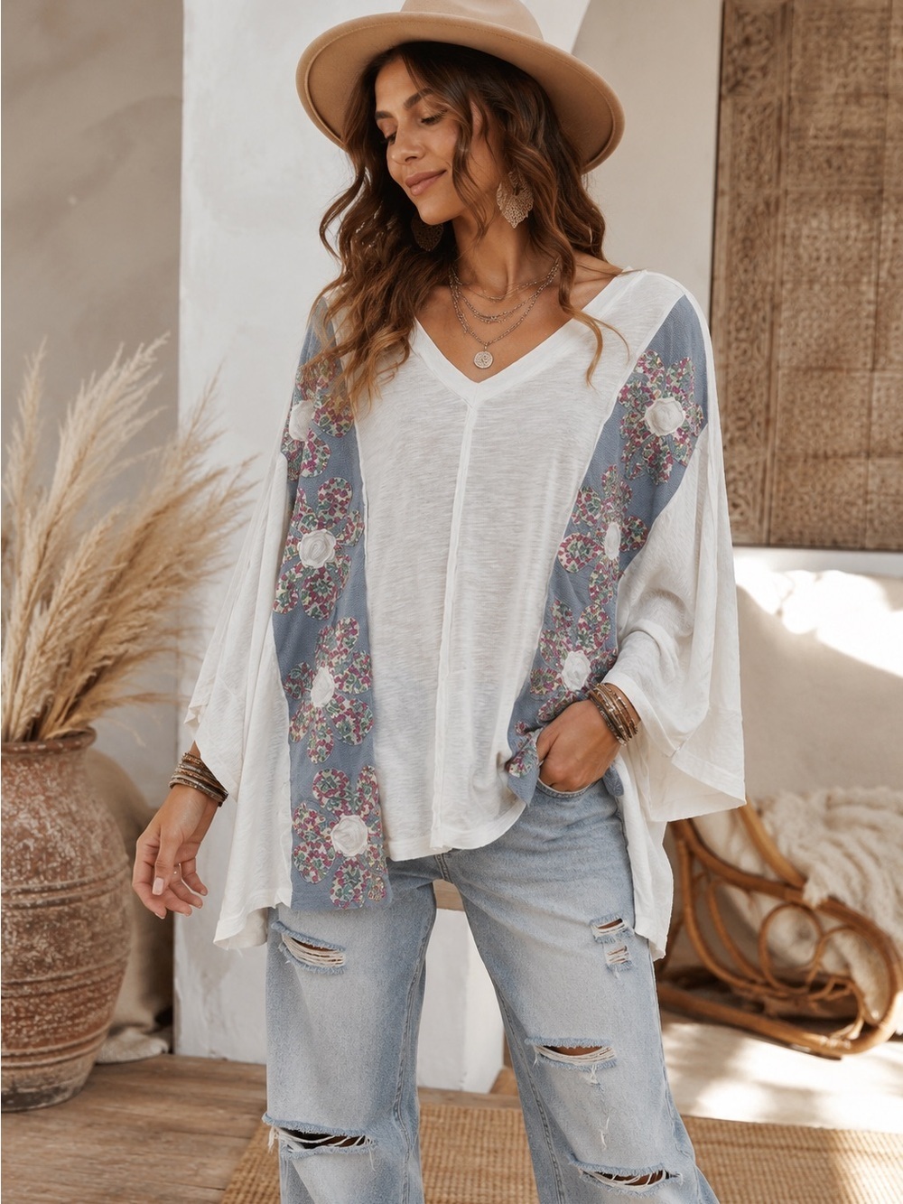 BlueVelvet L White Floral-Accent V-Neck Poncho Top BV001